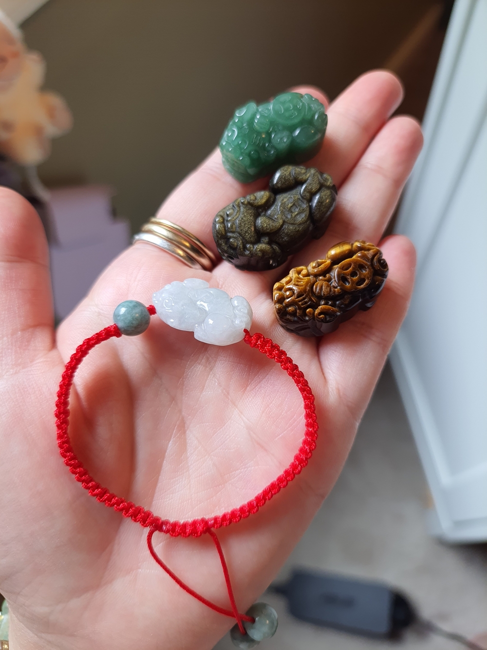 Chinese Pixiu Burmese Jadeite Jade Red String Bracelet